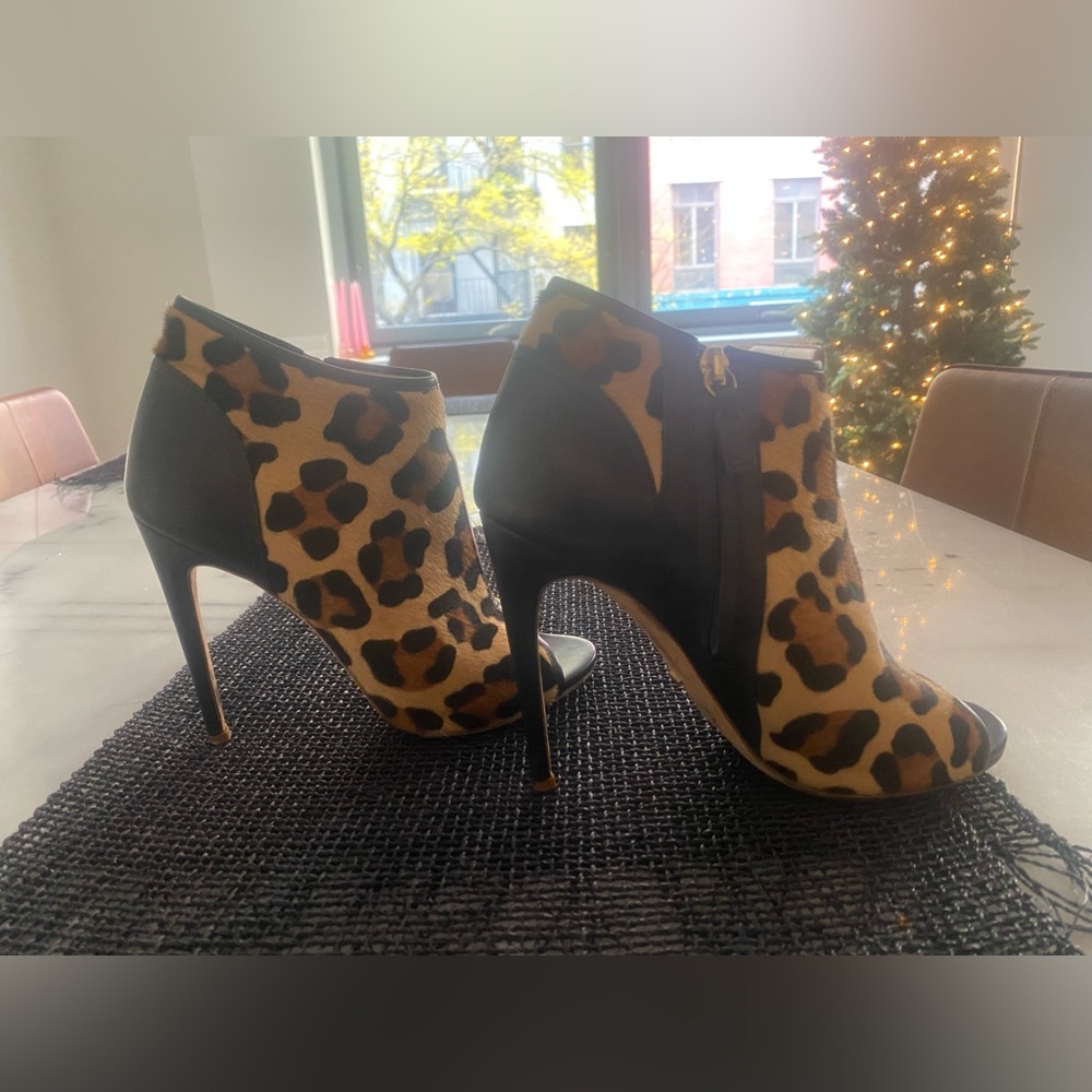 Rousseaul 4 inch Leopard Calf hair stiletto open-toed heel